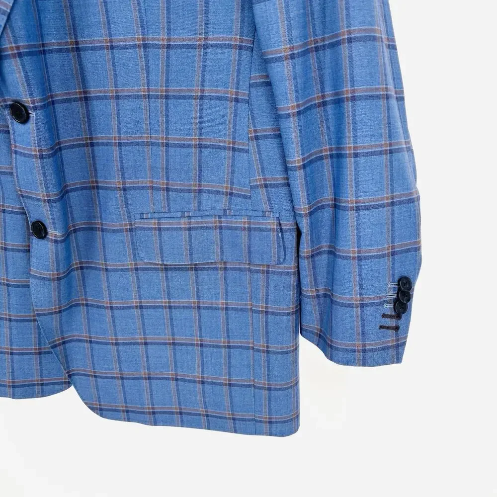 Sam Surin Blazer Jacket 2 Button Blue Plaid Size 50L Biella Italy Wool Fabric